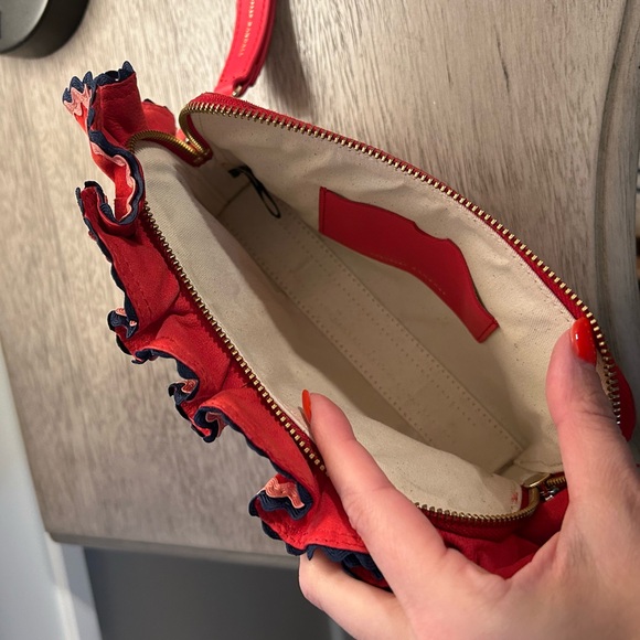 Red Clutch or wristlet with navy ruffle trim - Picture 2 of 4